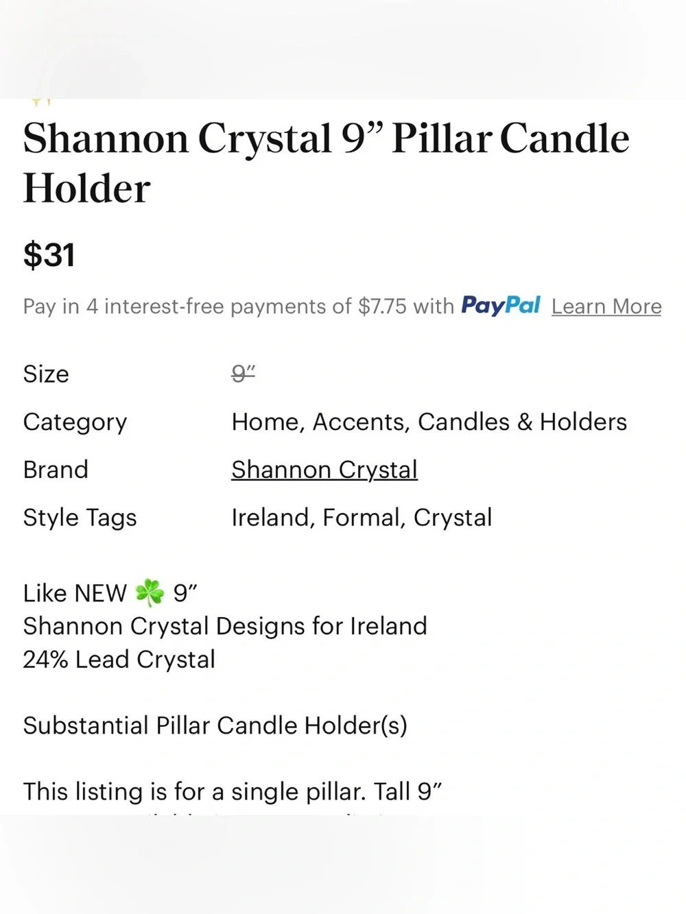 Shannon Crystal Pillar Candle Holder - 9”